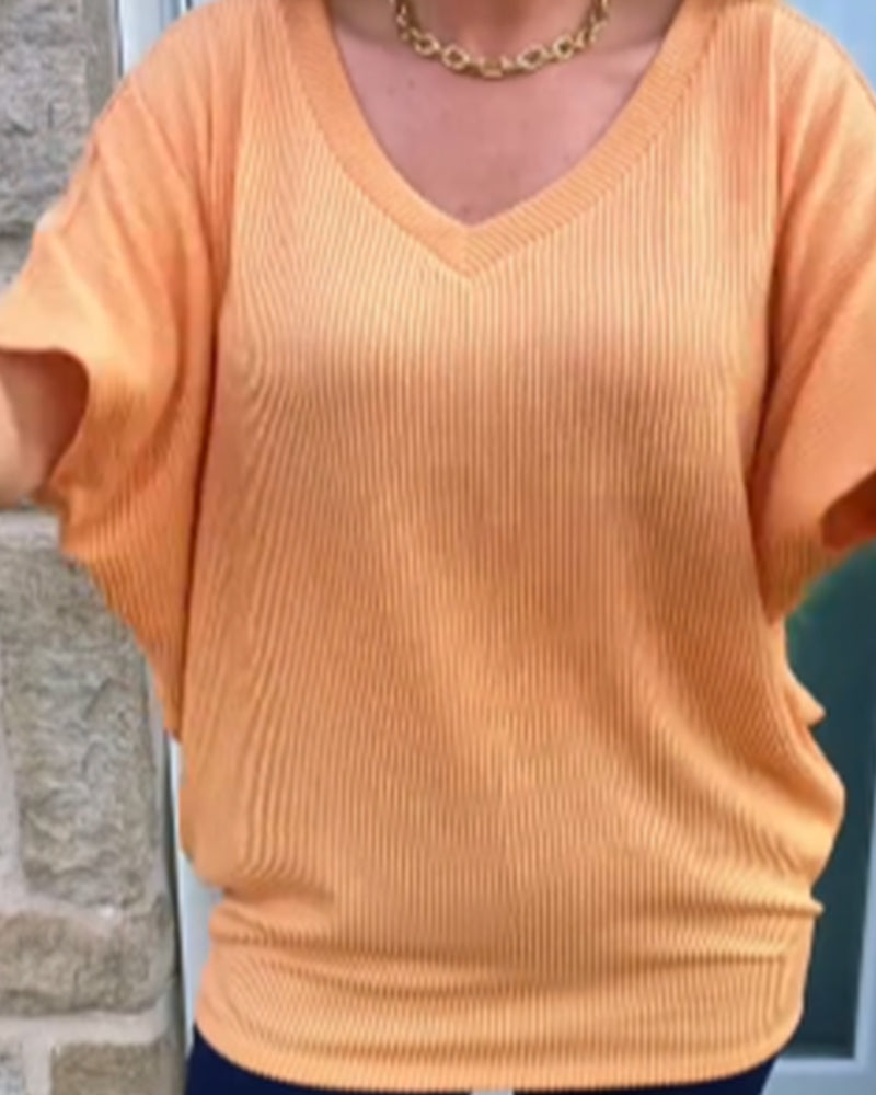 T-Shirt Vertikaler Streifen V-Ausschnitt Kurzer Ärmel