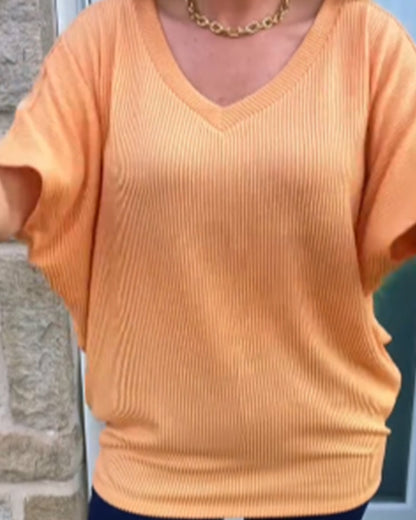 T-Shirt Vertikaler Streifen V-Ausschnitt Kurzer Ärmel