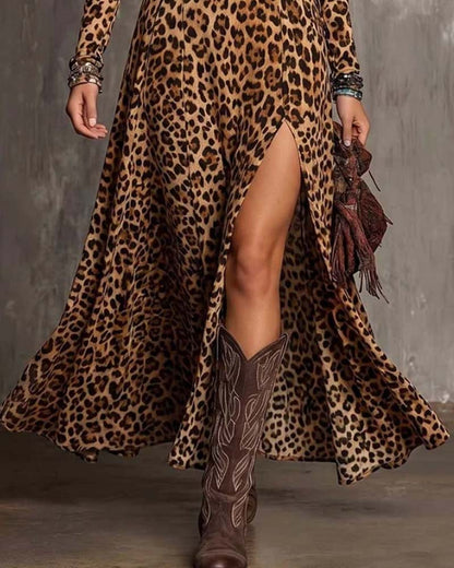 Leopardenmuster V-Ausschnitt Kleid Mit Schlitz