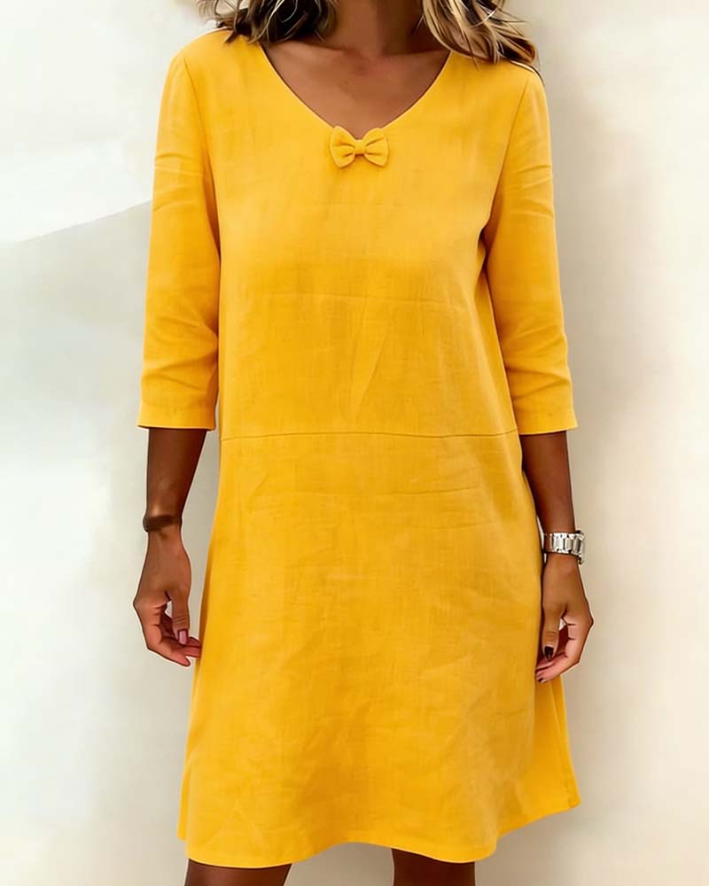 Kleid Schleife V-Ausschnitt Leinen