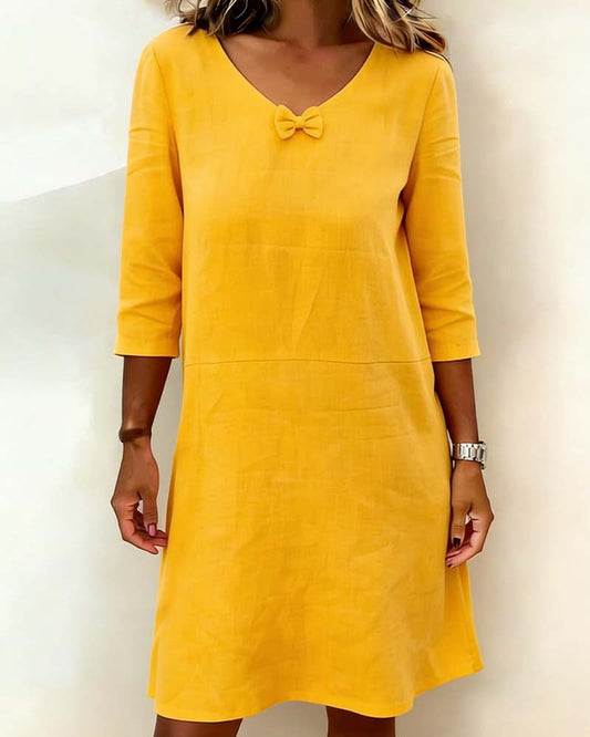 Kleid Schleife V-Ausschnitt Leinen