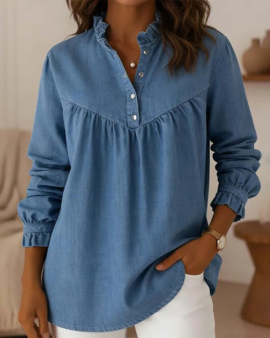 Top Denim Rüschen Knopfleiste