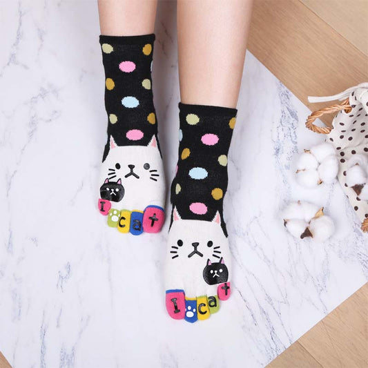 Cartoon-Katze-5-Finger-Socken Schwarz