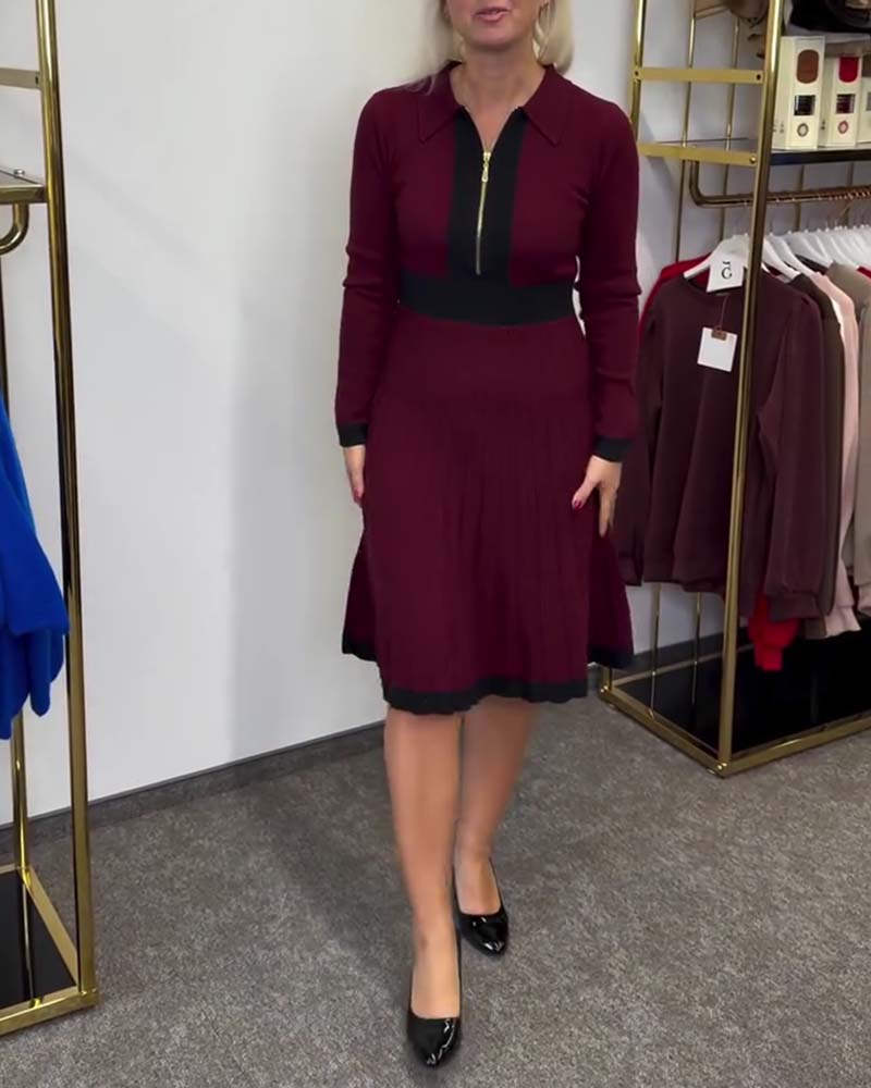 Kleid Halb-Reißverschluss Kragen Color-Block