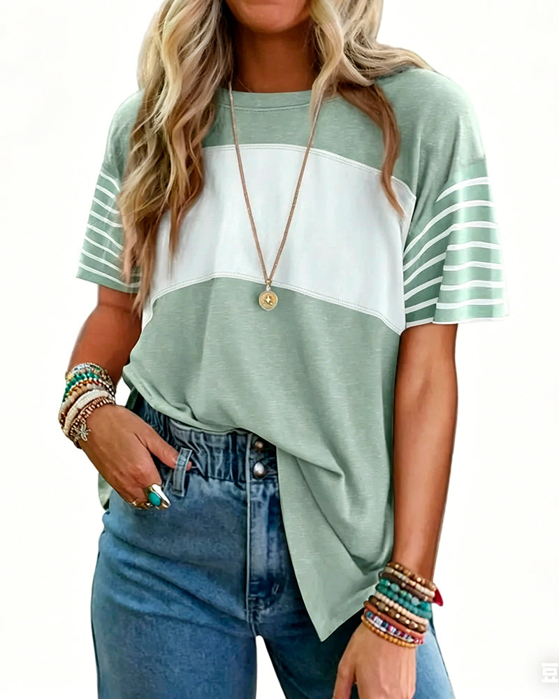 T-Shirt Pullover Gestreift Farbblock Kurzarm