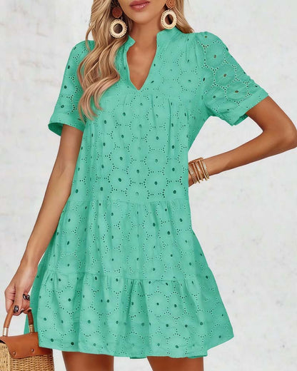 Kleid Durchbrochen V-Ausschnitt Kurzarm