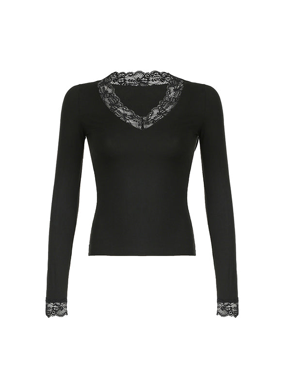 Klassisches Schwarzes Longsleeve Shirt mit V Ausschnitt und Spitzenstickerei