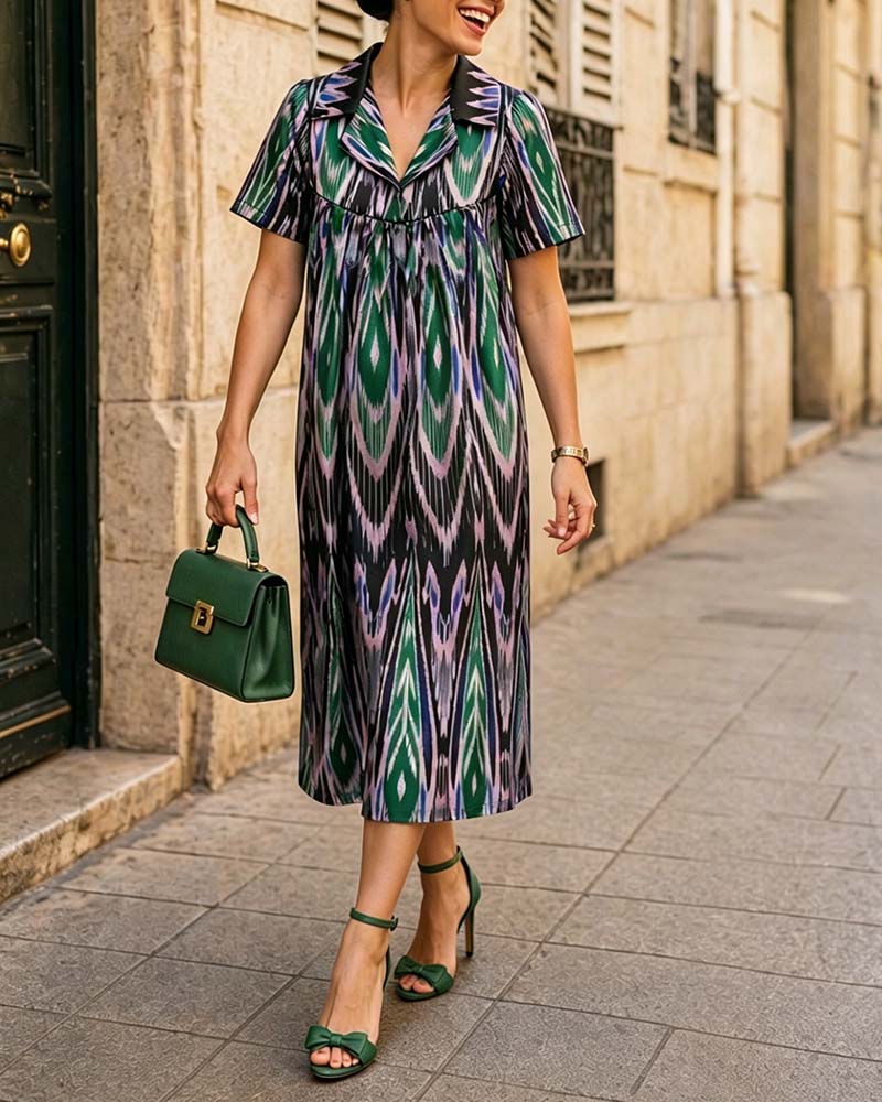 Kleid Geometrischer Print Farbblock Kurzarm