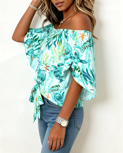 Bluse Ozean Druck Off-Shoulder Binden