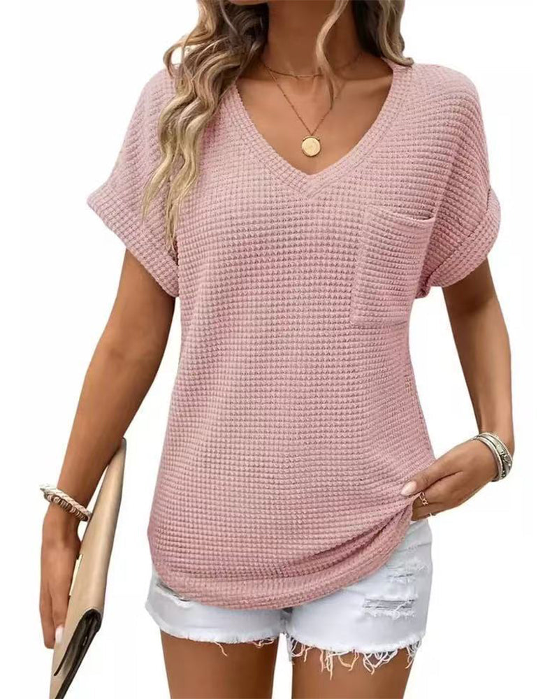 T-Shirt Damen Waffelstrick V-Ausschnitt Lässig Sommer