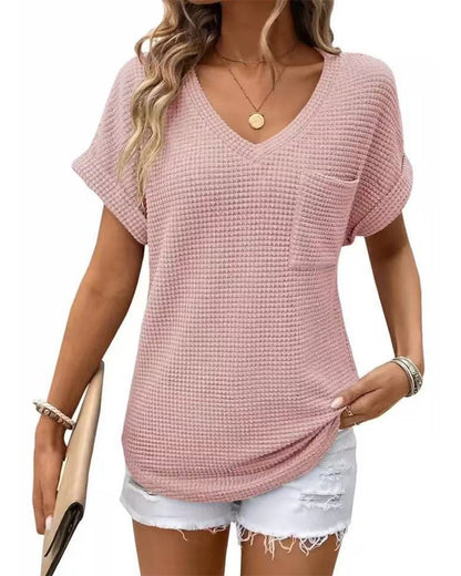 T-Shirt Damen Waffelstrick V-Ausschnitt Lässig Sommer