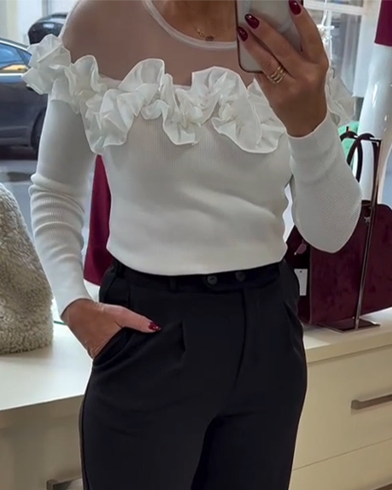 Top Mesh Gespleißt Rüschen Langarm