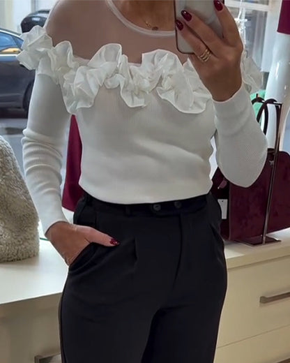 Top Mesh Gespleißt Rüschen Langarm