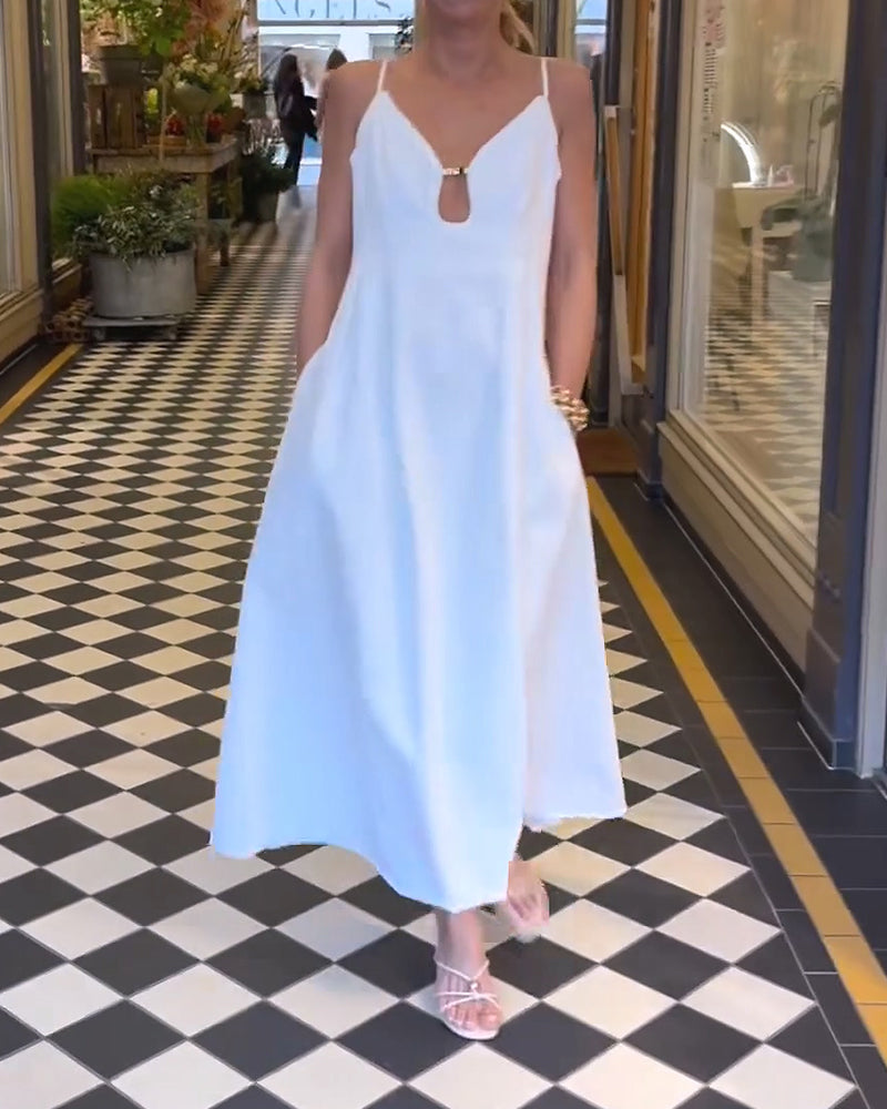Kleid V-Ausschnitt Spaghettiträger Einfarbig