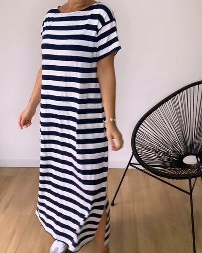 Kleid Locker Gerade Gestreift T-Shirt Lang