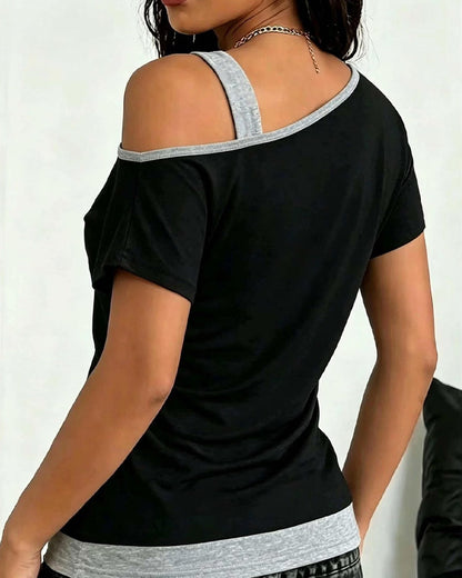 T-Shirt Ein-Schulter Farbblock Lässig