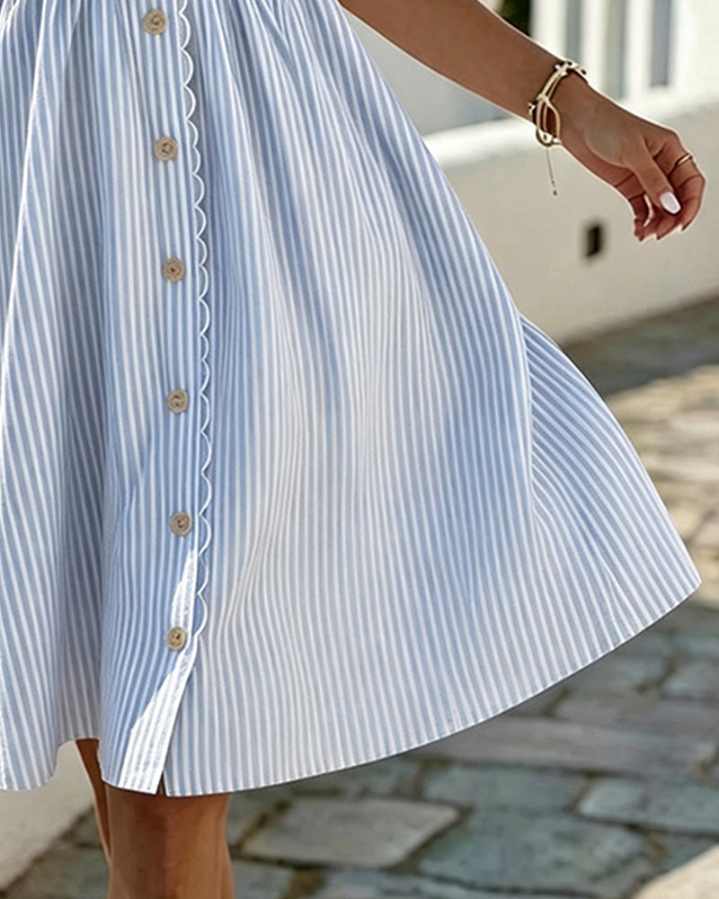 Kleid V-Ausschnitt Streifen Knopf Spitze Blasenärmel
