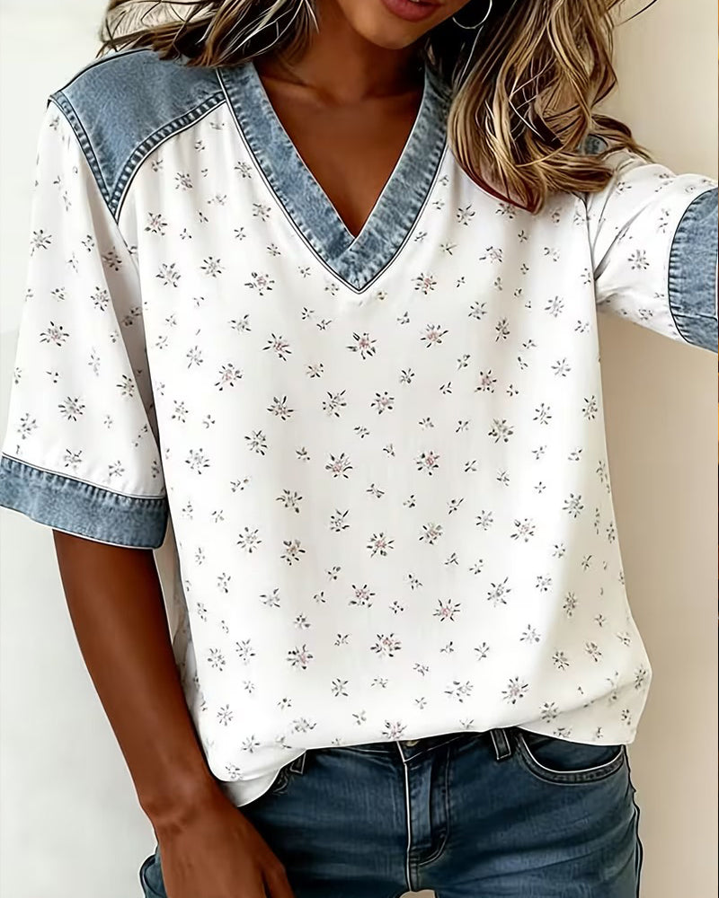 Blusen Blumen-Patchwork Denim V-Ausschnitt