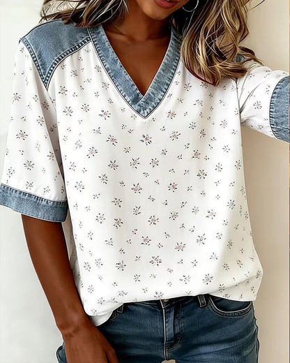 Blusen Blumen-Patchwork Denim V-Ausschnitt