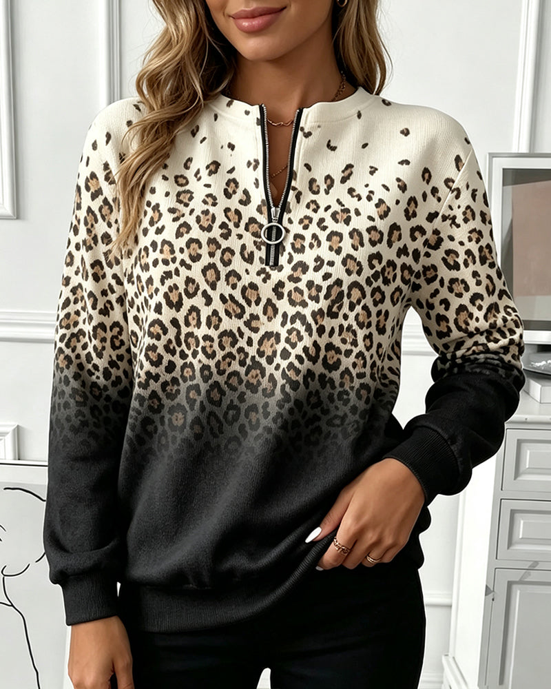 Sweatshirt Reißverschluss Gradient Leopardenmuster