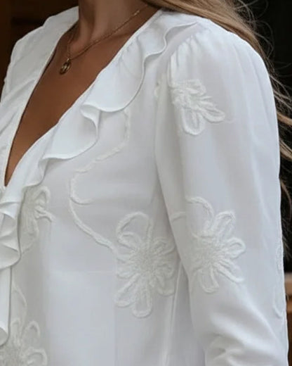 Bluse Rüschenkragen Bestickte Blume