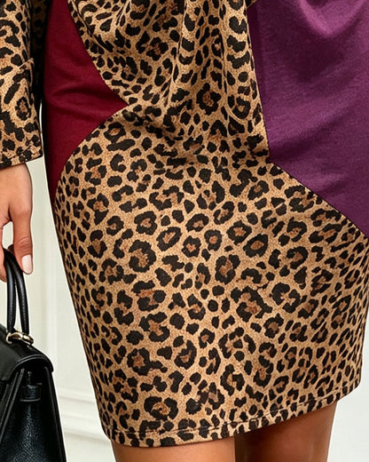 Kleid V-Ausschnitt Metallknopf Leopardenmuster Kontrastfarbe