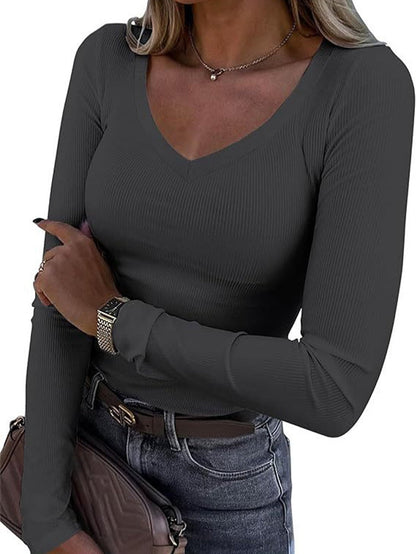 Top V-Ausschnitt Slim Langarm