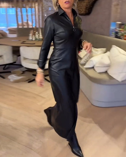 Kleid Revers Reißverschluss Pu Modisch
