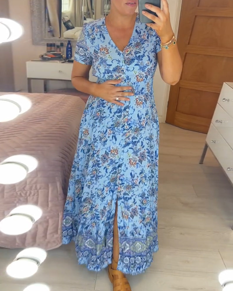 🌷🌷Kleid mit Blumendruck und V-Ausschnitt