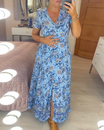 🌷🌷Kleid mit Blumendruck und V-Ausschnitt