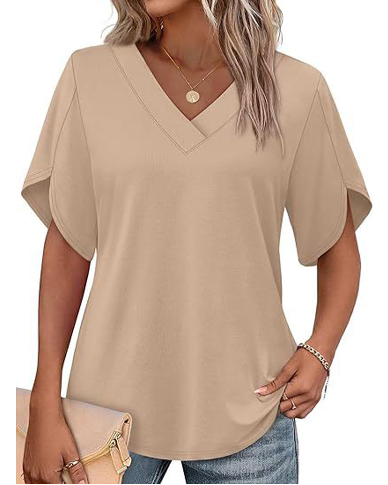 T-Shirt V-Ausschnitt Kleiner Schlitz Kurzarm Einfarbig