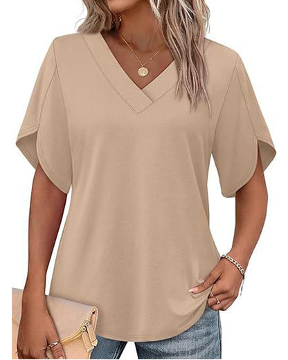 T-Shirt V-Ausschnitt Kleiner Schlitz Kurzarm Einfarbig