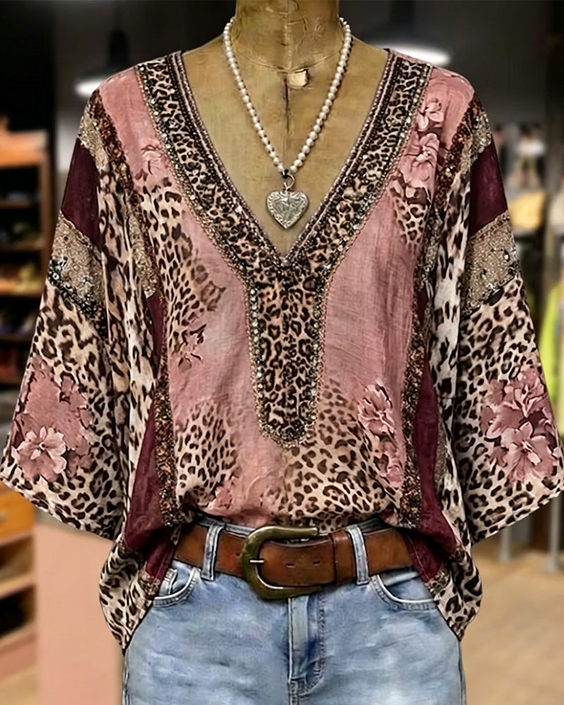 Bluse V-Ausschnitt Laterne Ärmel Leopard