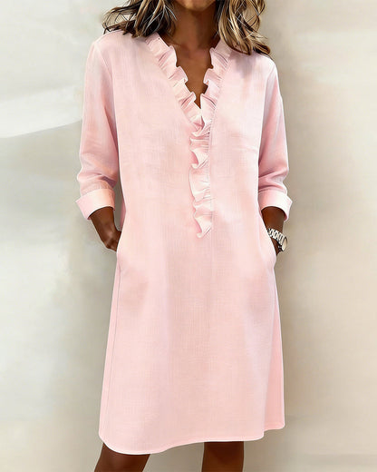 Kleid gerüscht V-Ausschnitt einfarbig