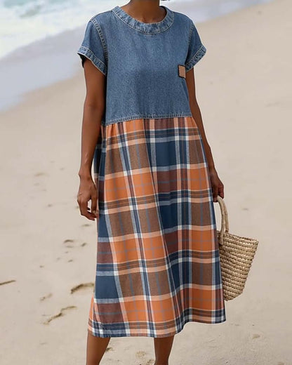 Kleid Denim Patchwork Karriert Leger