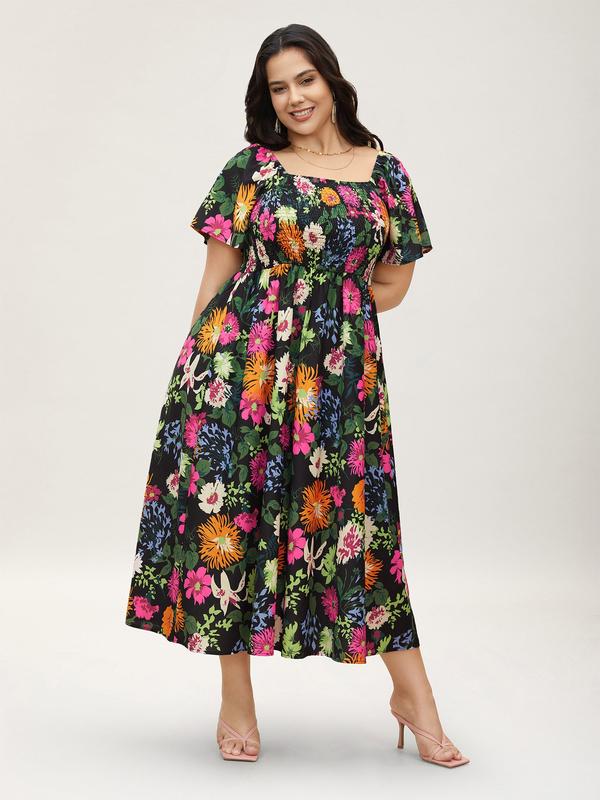 ⏰Sommer Heißer Verkauf 70% RABATT💃Geblümtes Smock-Kleid mit eckigem Ausschnitt und Taschen
