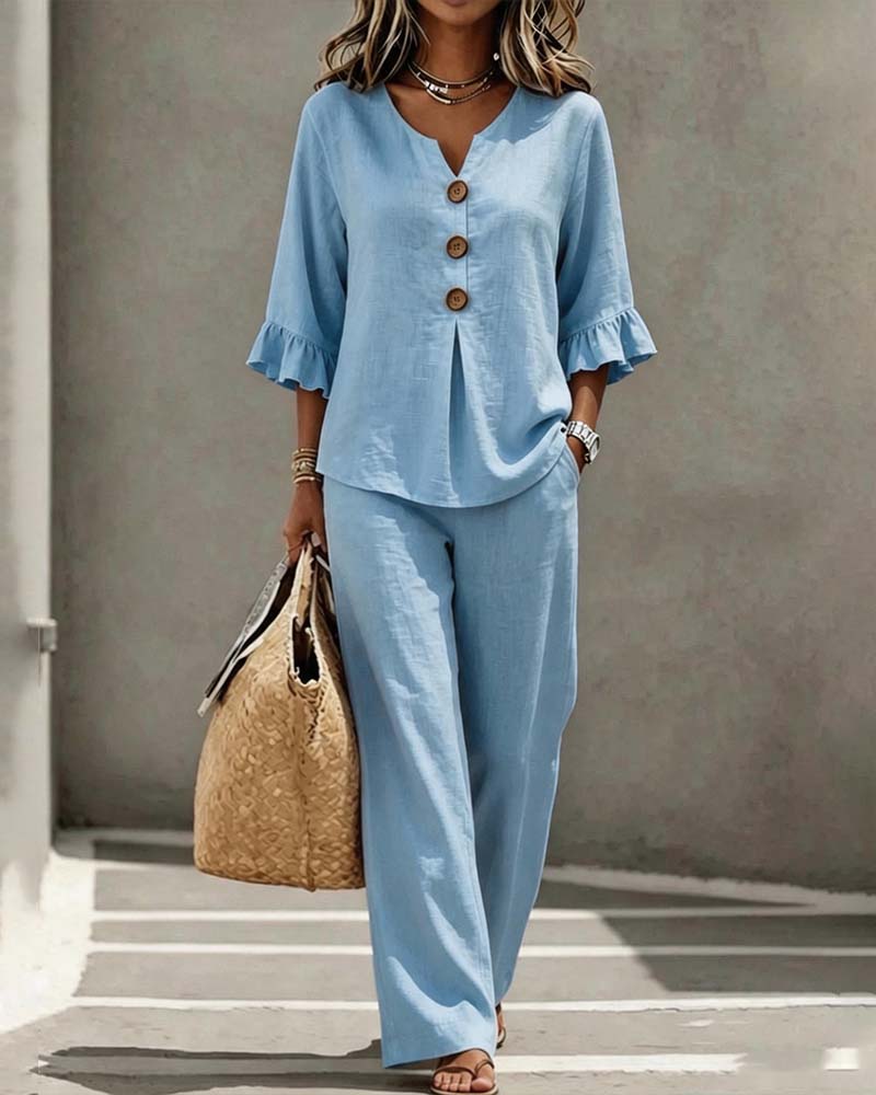 Set Rüsche Drei Knopf Bluse Weite Bein Hose