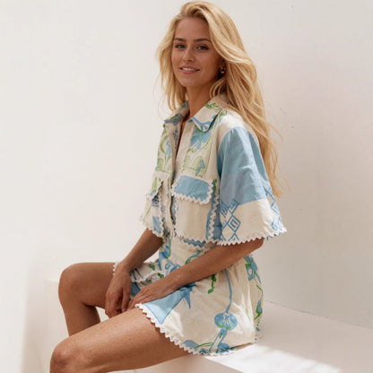 Blue and Green Printed Two Piece Set for Women- Erika