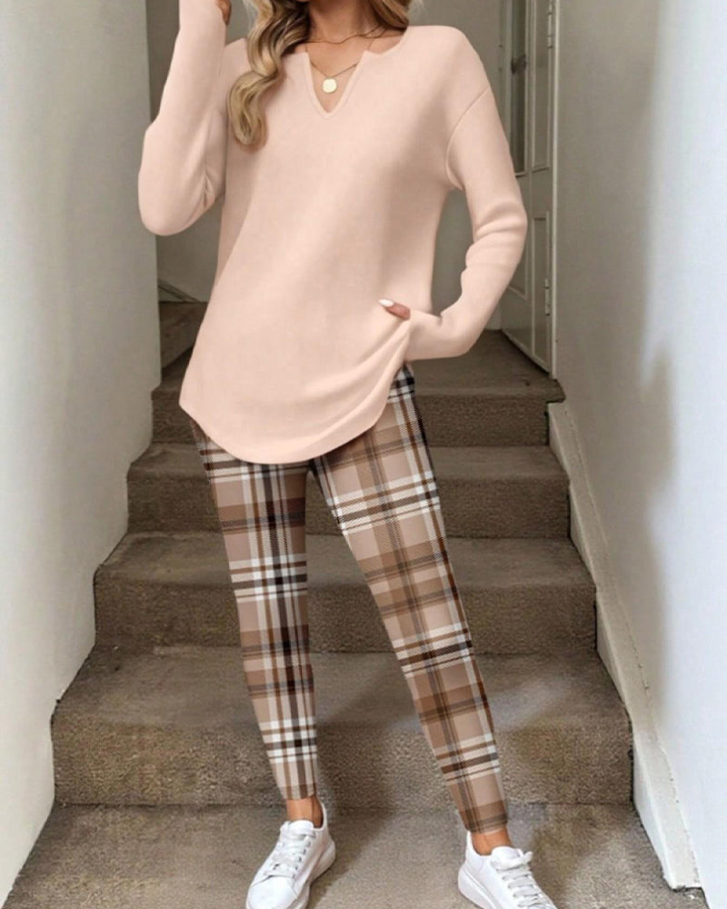 Set V-Ausschnitt Einfarbig Oberteil + Karo Hose Loungewear