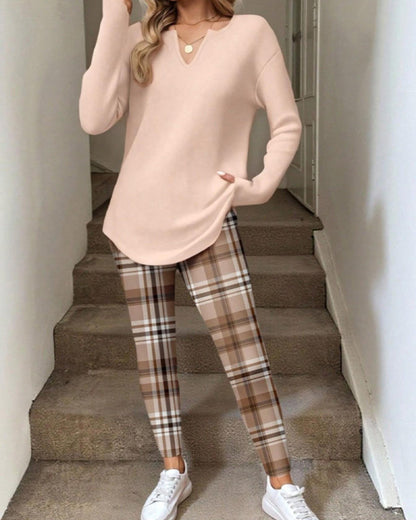 Set V-Ausschnitt Einfarbig Oberteil + Karo Hose Loungewear