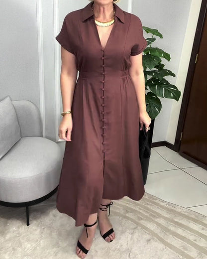 Kleid Unifarben Knopfleiste Taille