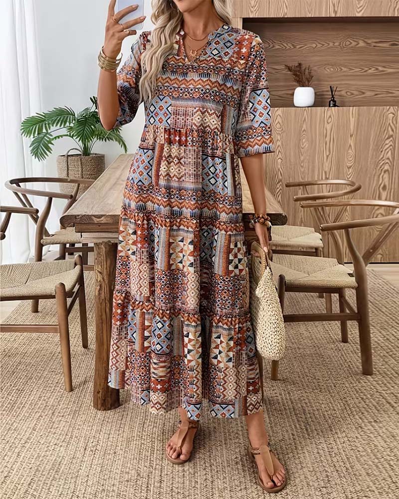 Kleid Etnisch Geometrischer Druck Lang