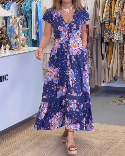 Kleid Blumendruck V-Ausschnitt Maxi