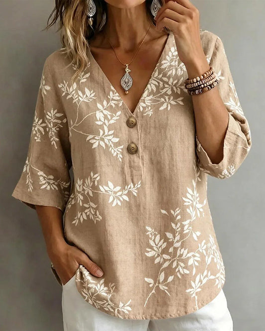 Bluse V-Ausschnitt Blattprint Halbarm