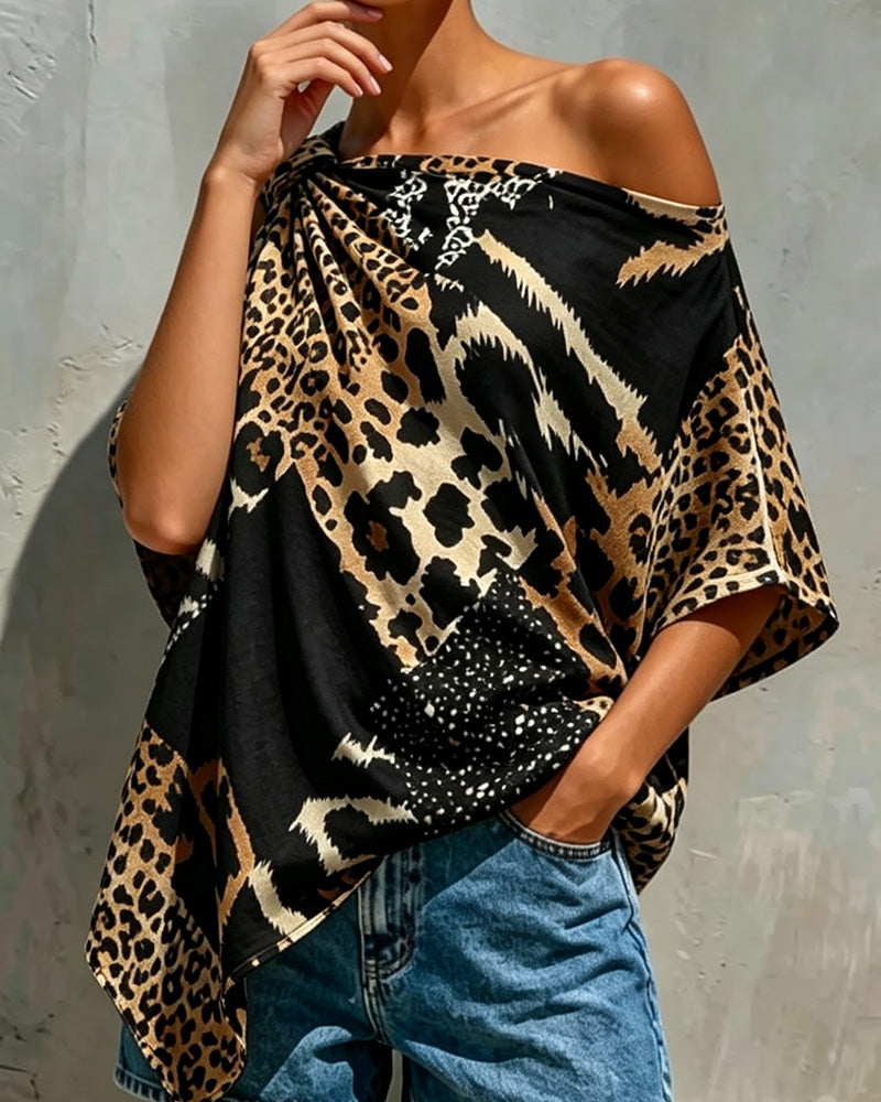 Bluse Leopardenmuster Patchwork Ein-Schulter