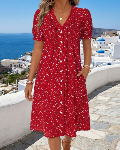 Kleid Blumenmuster V-Ausschnitt Knopfleiste vorne
