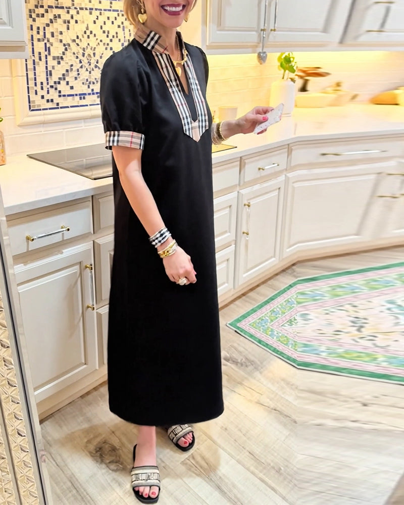 Kleid Puffärmel Karo Kontrast