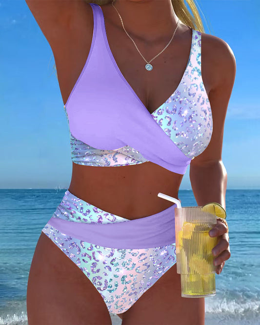Bikini Kreuz Farbblock Leopardenmuster