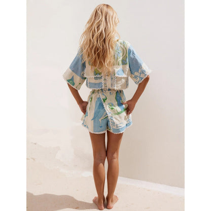 Blue and Green Printed Two Piece Set for Women- Erika