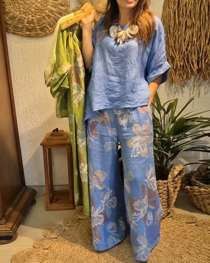 Set Baumwolle Leinen T-Shirt Bedruckte Weite Hose